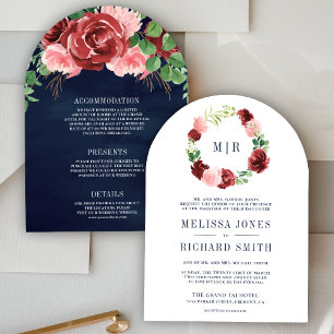 Convite Rosa Bege Bordô Floral Azul Marinho Casamento
