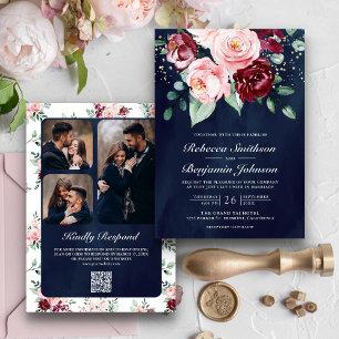 Convite Rosa Bege Bordô Floral Código QR Casamento Azul Ma