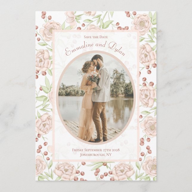 Convite Rosa Bege Casamento Vintage Salve a Data (Frente)