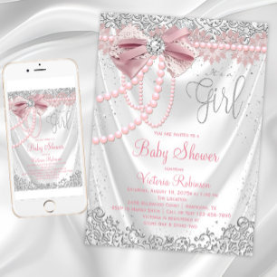 Convite Rosa Bege Cinza Diamante Pérola Chique Baby Shower