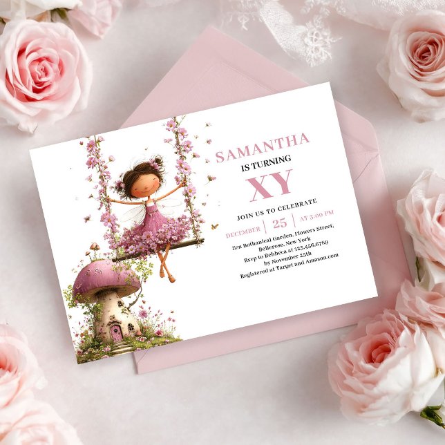 Convite Rosa Bege de Aniversário da Menina Fada Ca (Whimsy Fairy Girl Birthday Blush Pink invitation)