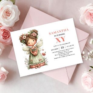 Convite Rosa Bege de Aniversário de Menina Fada Ca
