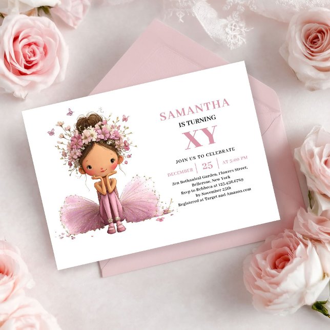 Convite Rosa Bege de Aniversário de Menina Fada Fo (Cute Fairy Girl Birthday Blush Pink invitation)