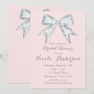 Convite Rosa Bege Diamante Brilho Laço Glamour Chuveiro de
