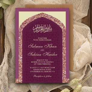 Convite Rosa Bege Dourado Brilho Mihrab Casamento Muçulman