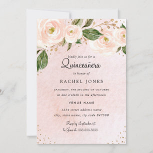 Convite Rosa Bege Dourado Floral Quinceanera Aniversário