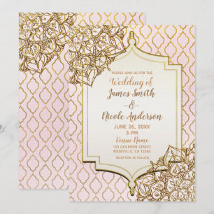 Convite Rosa Bege Dourado Noite Árabe Marroquina Casamento