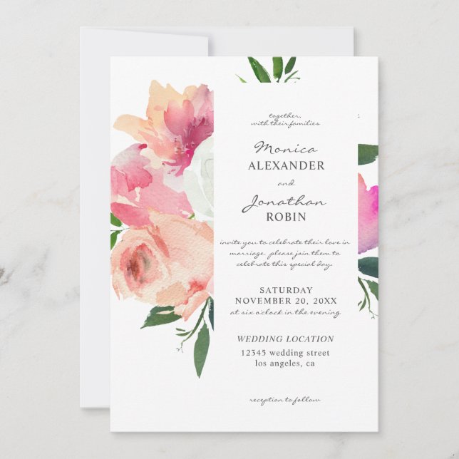 Convite Rosa Bege e Floral Botânico Branco Casamento V3 (Frente)