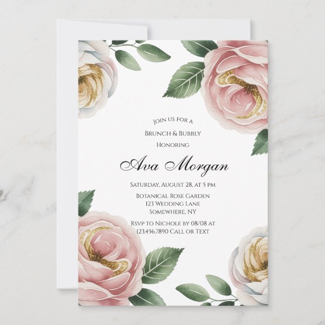 Convite Rosa Bege e Marfim Floral Brunch & Espumante (Frente)