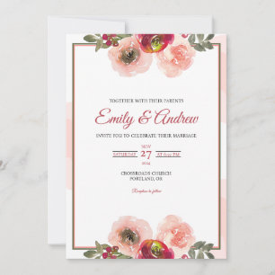 Convite Rosa Bege Elegante Floral Aquarela Casamento