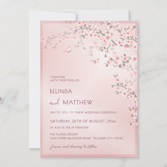 Convite Rosa Bege Flor de Cerejeira | Casamento Fotográfic (Frente)