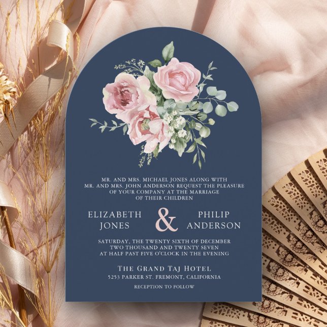 Convite Rosa Bege Flora Eucalipto Azul Marinho Casamento (Criador carregado)