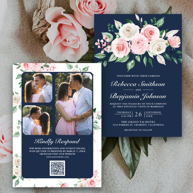 Convite Rosa Bege Floral Azul Marinho Código QR Casamento (Criador carregado)