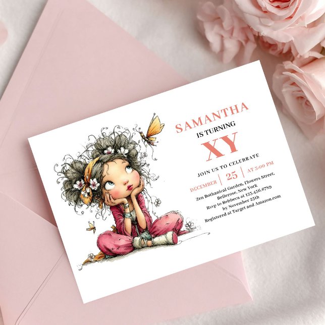 Convite Rosa Bege para 1º Aniversário da Menina Fa (Graceful Fairy Girl 1st Birthday Pink Blush invitation)