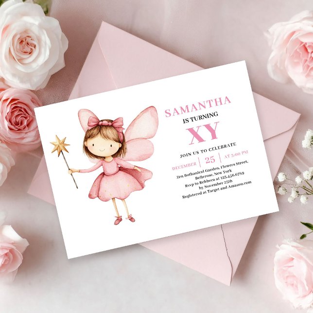Convite Rosa Bege para 2º Aniversário da Menina Fa (Cute Fairy Girl 2nd Birthday Blush Pink invitation)