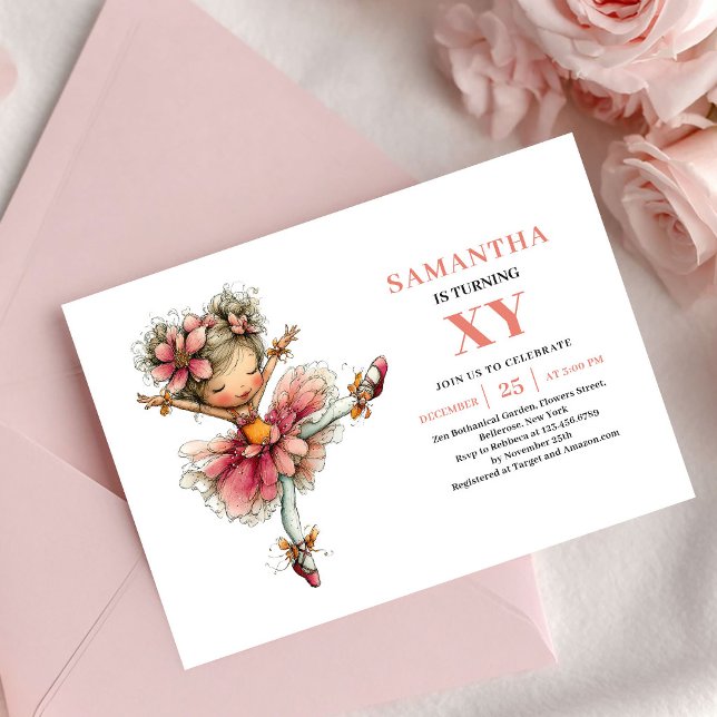 Convite Rosa Bege para 5º Aniversário da Encantado (Charming Fairy Girl 5th Birthday Blush Pink invitation)