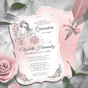 Convite Rosa Bege Prata Princesa Quinceanera Aniversário