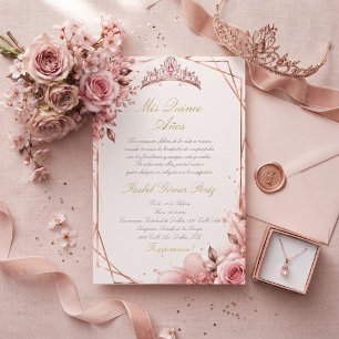 Convite Rosa bege rosa dourado princesa quinceañera