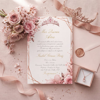 Convite Rosa bege rosa dourado princesa quinceañera
