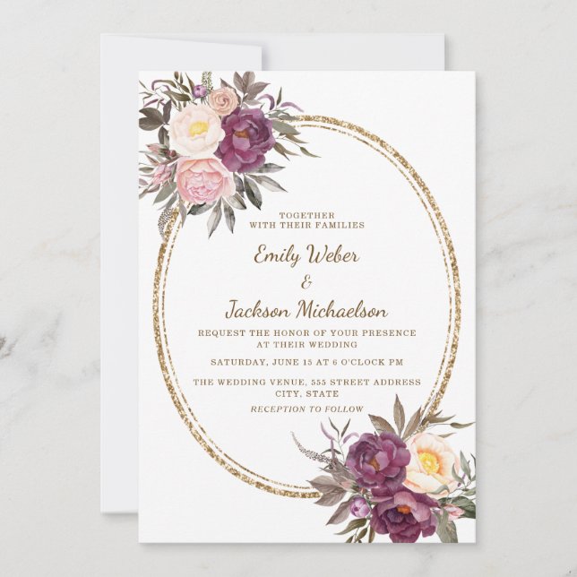Convite Rosa Bege Roxo Creme Floral Dourado Casamento (Frente)