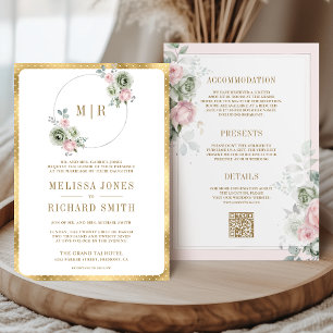 Convite Rosa Bege Salmão Verde Floral Tudo em Um Casamento