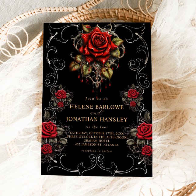 Convite Rosa Black Floral Moody Gothic Weding (Rose Black Floral Moody Gothic Wedding Invitation)