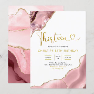 Convite Rosa Blush e Dourado Agate Treze Aniversários Inv