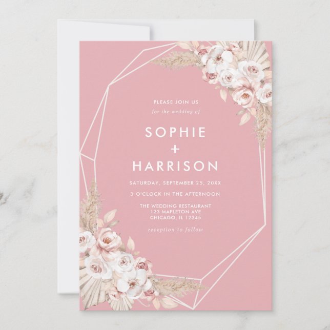 Convite Rosa Boho Pampas Grass Casamento Geométrico Inv (Frente)