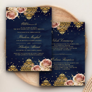 Convite Rosa Boho Rosa Motivo Islâmico Azul Marinho Casame