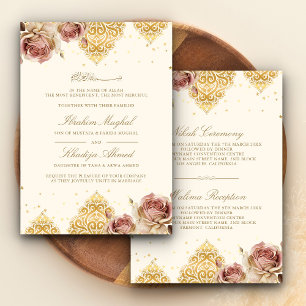 Convite Rosa Boho Rosa Motivo Islâmico Creme Casamento Muç
