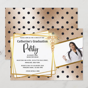 Convite Rosa bolinhas dourada, graduação DIY foto caduceus
