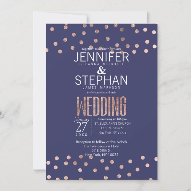 Convite Rosa Bolinhas Dourado Marinho Azul Casamento Azul (Frente)