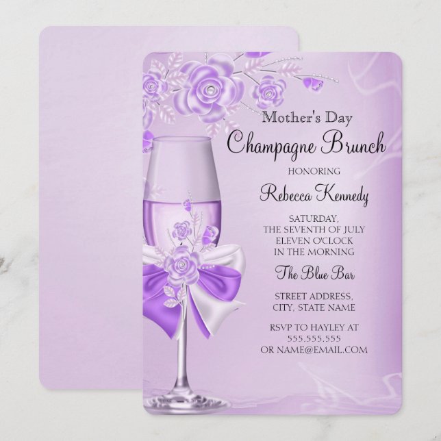 Convite Rosa Bonito Lilac Champagne Brunch (Frente/Verso)