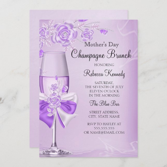 Convite Rosa Bonito Lilac Champagne Brunch (Frente/Verso)