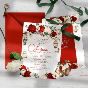 Convite Rosa Borboleta Floral Elegante Quinceañera Dourado