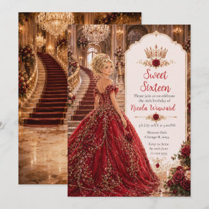Convite Rosa Borgonha Sweet 16 Princesa Coroa Dourada