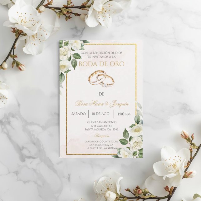 Convite Rosa branca Bege Bodas de ouro  (Criador carregado)