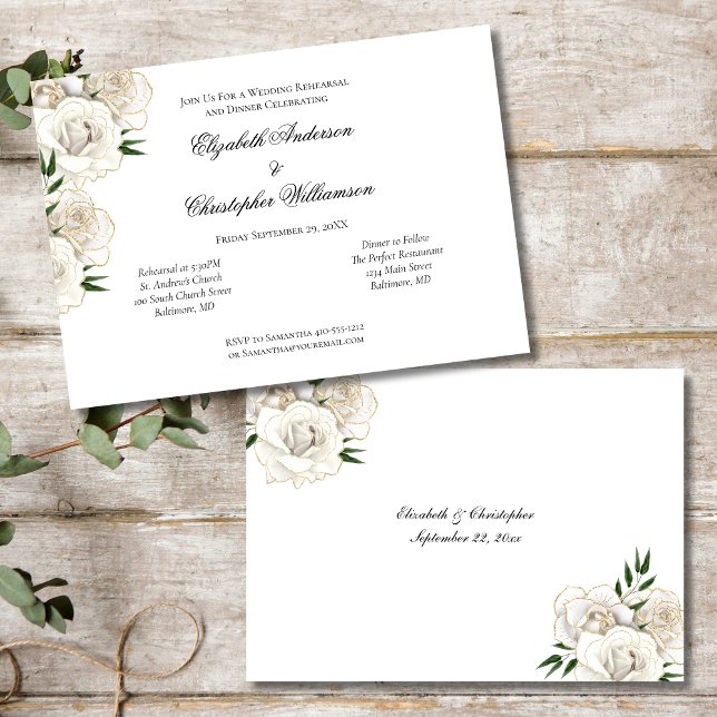 Convite Rosa Branca com Corte Dourado Ensaio de Casamento  (White Roses Floral Flowers Gold Trim, Wedding Rehearsal Dinner Invitation)