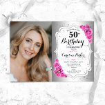 Convite Rosa Branca de Prata Elegante Foto 50º Aniversário<br><div class="desc">Elegante convite floral feminino para o 50º aniversário com sua foto. Glam design com falso prata. Possui rosas cor-de-rosa, fonte de script e confetti. Perfeito para uma festa de comemoração de na moda adulto. Personalize com seus próprios detalhes. Pode ser personalizado para qualquer idade! Impressos convites Zazzle ou modelo de...</div>