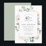 Convite Rosa Branca do Partido aniversário de 40 anos<br><div class="desc">Honre uma mulher especial com este convite de festas elegante. As rosas brancas aninhadas em folhas de eucalipto verdes,  de sábio mole formam uma estrutura botânica moderna. Todo o texto pode ser editado,  para que você possa descrever perfeitamente sua celebração especial</div>