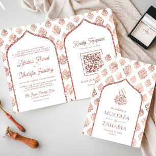 Convite Rosa Branca Dourado Damask Arco Código QR Casament