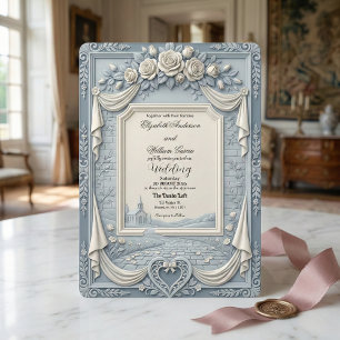 Convite Rosa Branca e Azul Poético Romance Casamento