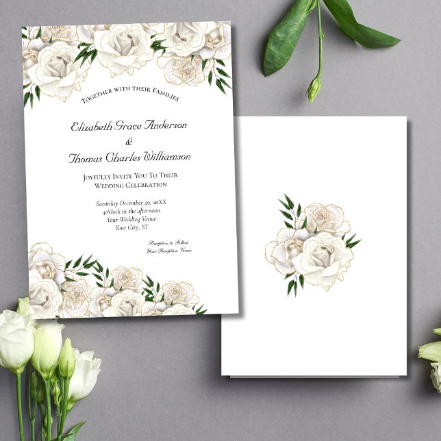 Convite Rosa Branca e Dourado Casamento Clássico Elegante  (White Roses Gold Trim Elegant Wedding Invitation. Printed or Instant Digital Download)