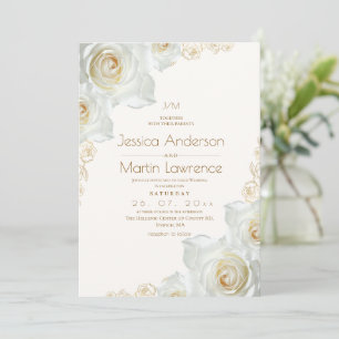 Convite Rosa Branca e Flores Douradas Elegante Casamento
