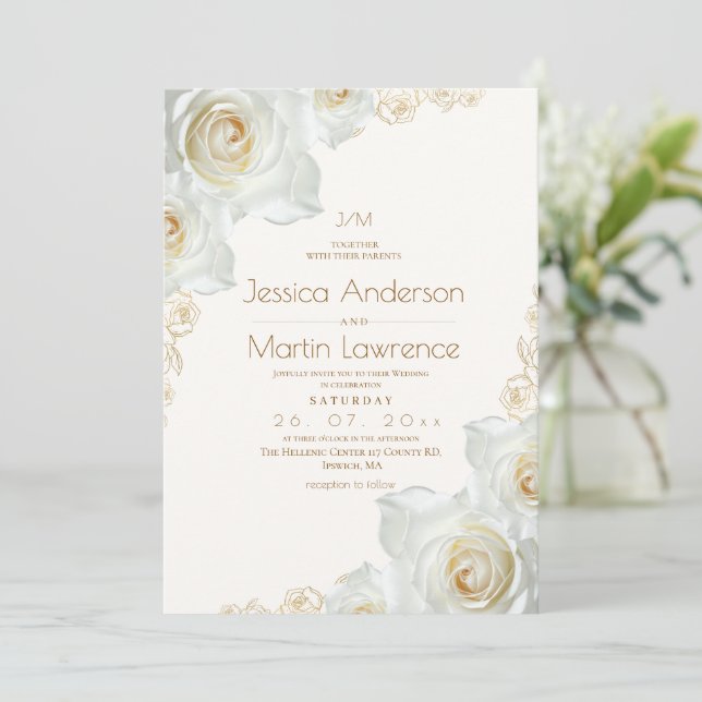 Convite Rosa Branca e Flores Douradas Elegante Casamento (Em pé/Frente)