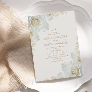 Convite Rosa Branca e Flores Douradas Elegante Casamento