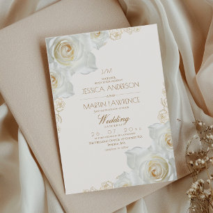 Convite Rosa Branca e Flores Douradas Elegante Casamento S