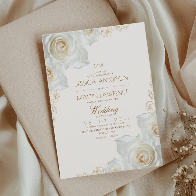 Convite Rosa Branca e Flores Douradas Elegante Casamento S (Criador carregado)