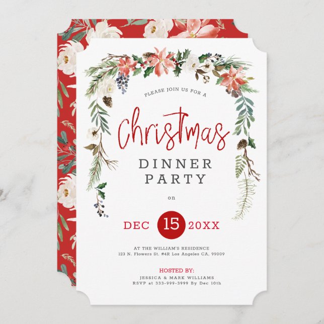 Convite Rosa branca e janto da coroa de Natal Holly Convid (Frente/Verso)
