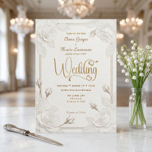 Convite Rosa Branca Efeito Corte de Papel 3D Dourado Casam